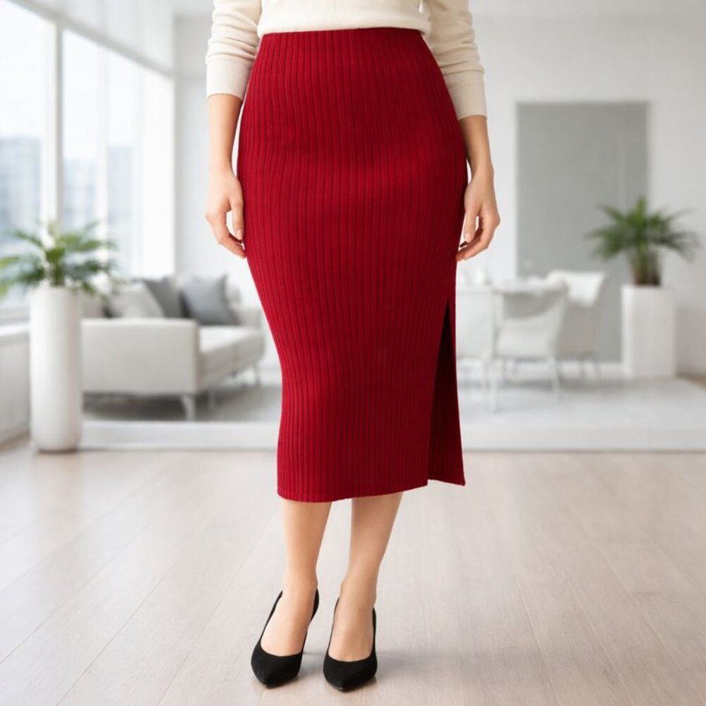 New After Market M‎ Red Ribbed Midi Skirt Side Slit Academia Office Stretch
